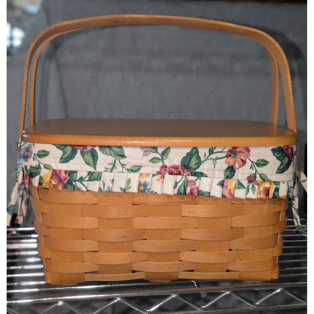 Longaberger Handwoven Basket Floral Liner Wood Lid Swing Handles 12" Dresden